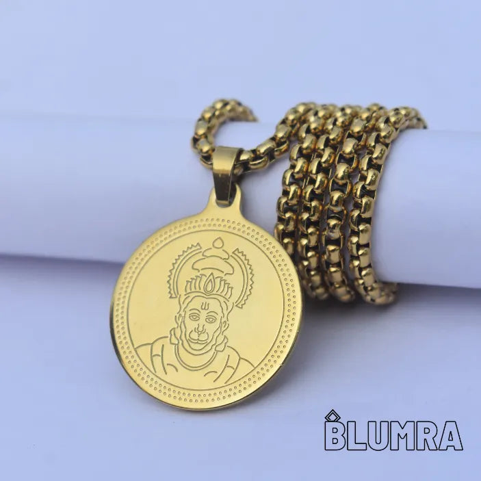 "Bajrang Bali gold chain pendant close-up detail"