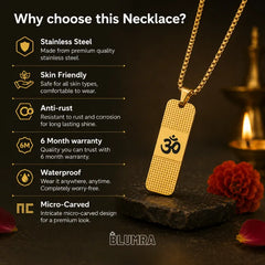 Gold necklace with Om symbol on a dark background, featuring BLUMRA branding.
