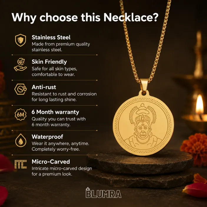 Gold necklace with engraved design on a dark background with text highlighting features.
